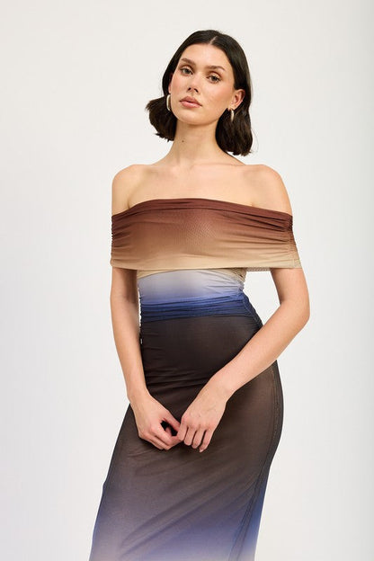 Venezia Off Shoulder Fold Over Mesh Midi Dress