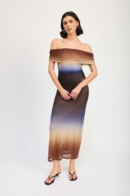 Venezia Off Shoulder Fold Over Mesh Midi Dress