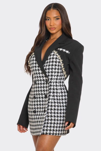 Helena Rhinestones Detail Houndstooth Print Blazer Dress