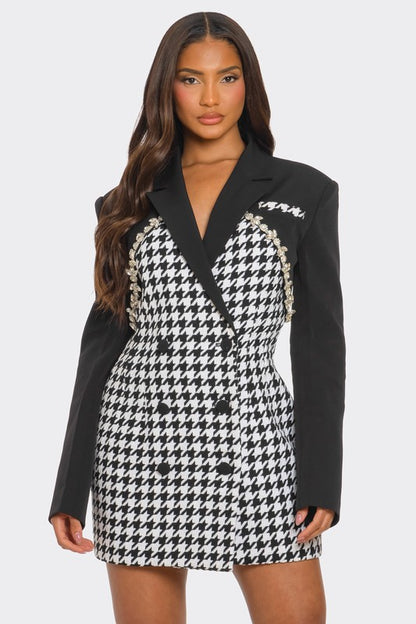 Helena Rhinestones Detail Houndstooth Print Blazer Dress