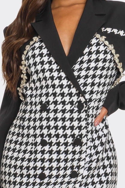 Helena Rhinestones Detail Houndstooth Print Blazer Dress