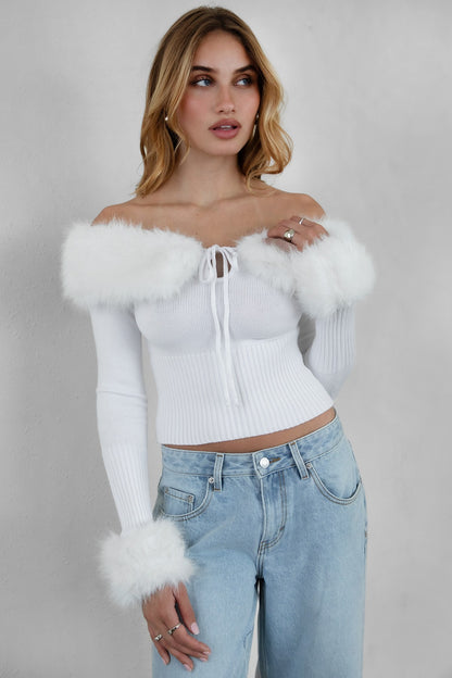 Lady Faux Fur Cuffs Off Shoulder Cardigan Top