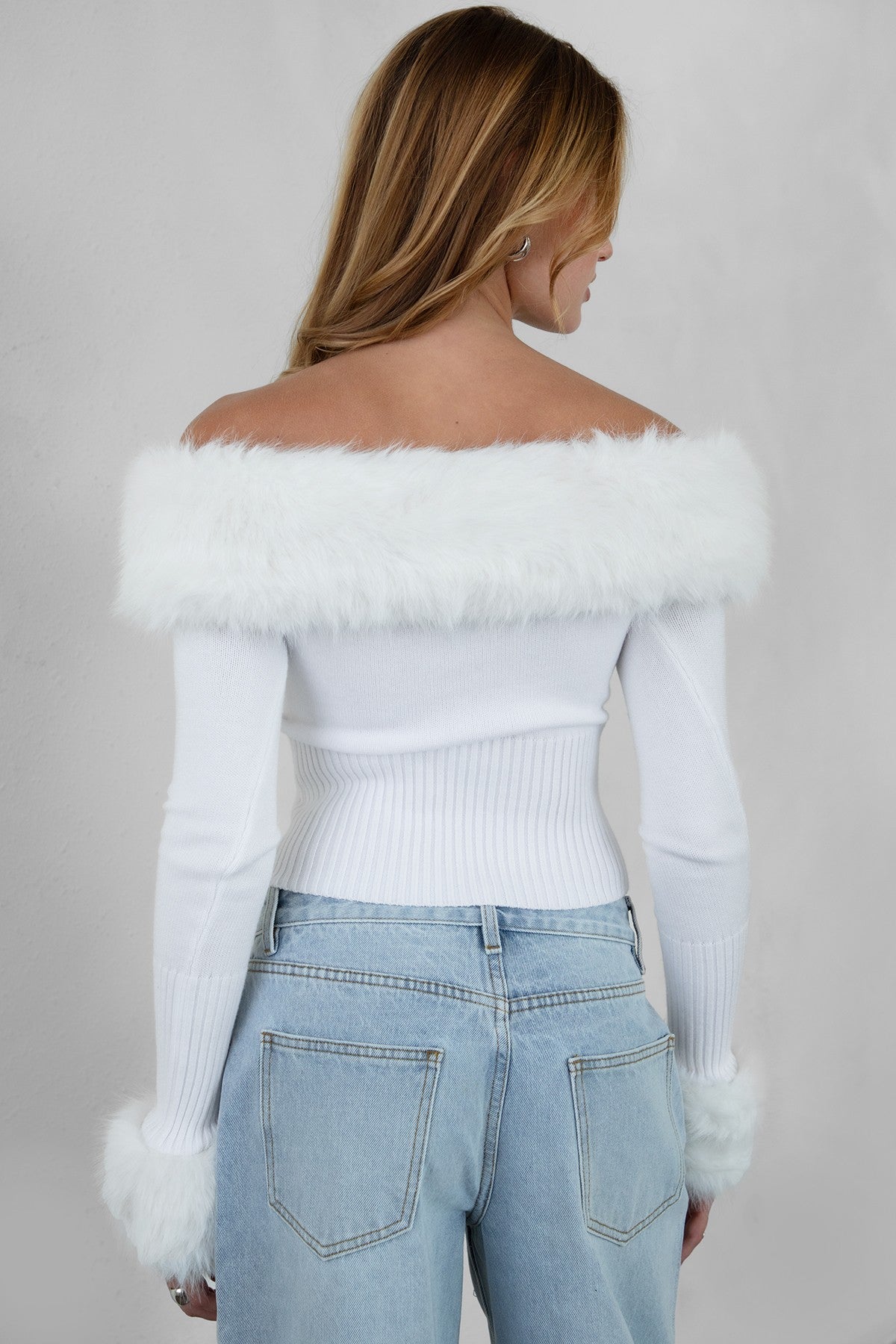 Lady Faux Fur Cuffs Off Shoulder Cardigan Top