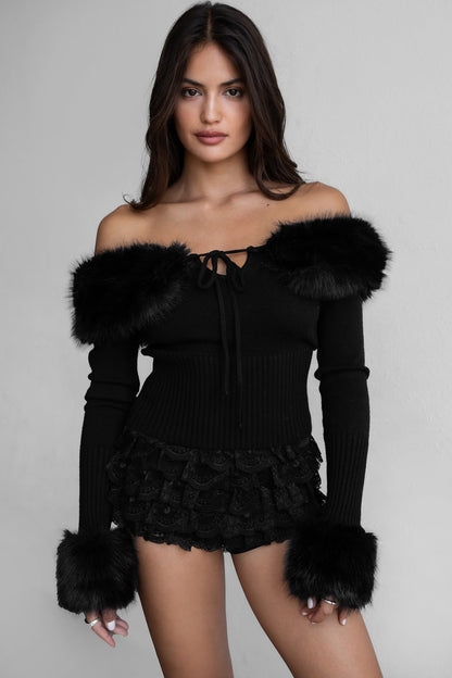 Lady Faux Fur Cuffs Off Shoulder Cardigan Top