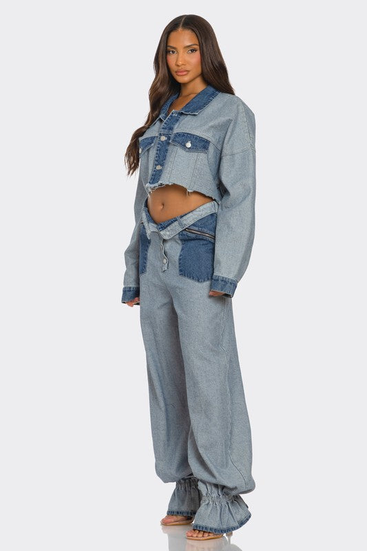 Jenny Two Tone Contrast Denim Cropped Jacket &amp; Pants Set