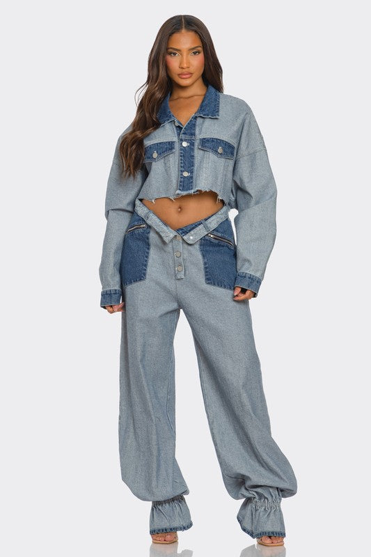 Jenny Two Tone Contrast Denim Cropped Jacket &amp; Pants Set