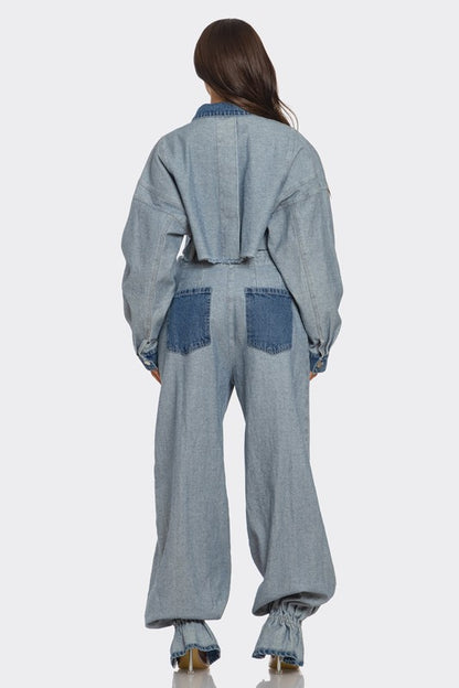 Jenny Two Tone Contrast Denim Cropped Jacket &amp; Pants Set