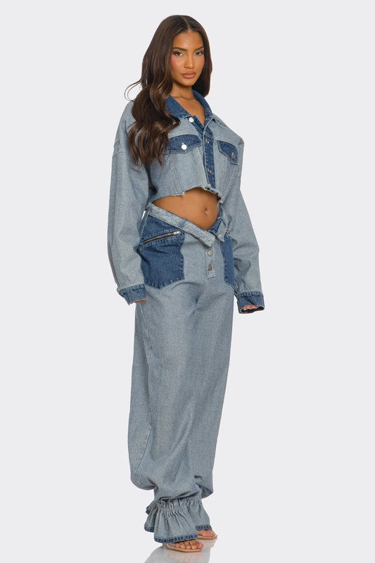 Jenny Two Tone Contrast Denim Cropped Jacket &amp; Pants Set