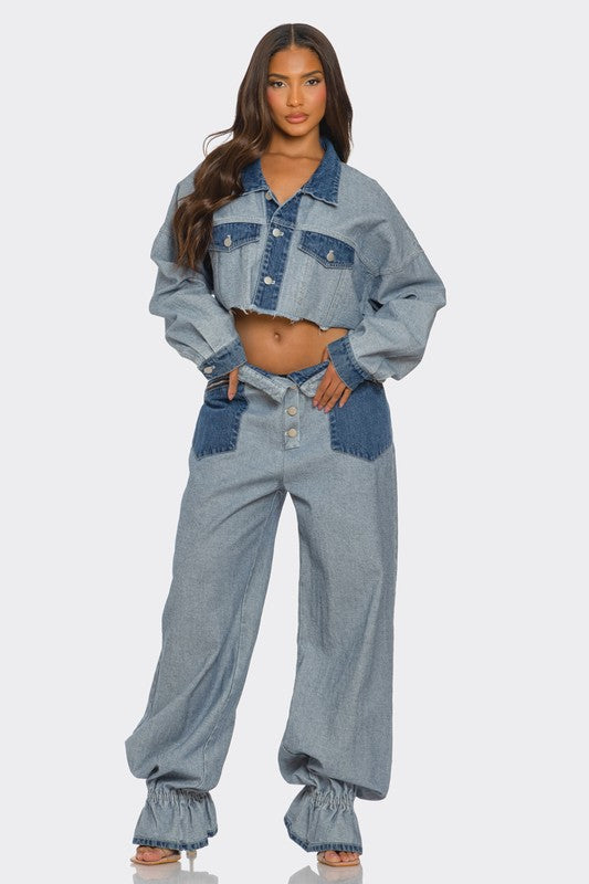 Jenny Two Tone Contrast Denim Cropped Jacket &amp; Pants Set