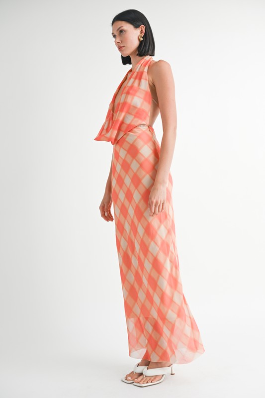 Rachelle Plaid Plunge Cowl Neck Open Back Woven Maxi Dress