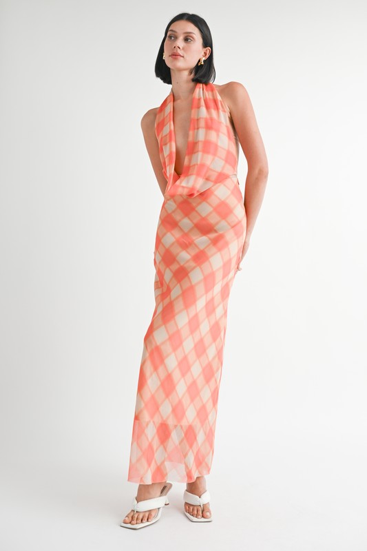 Rachelle Plaid Plunge Cowl Neck Open Back Woven Maxi Dress