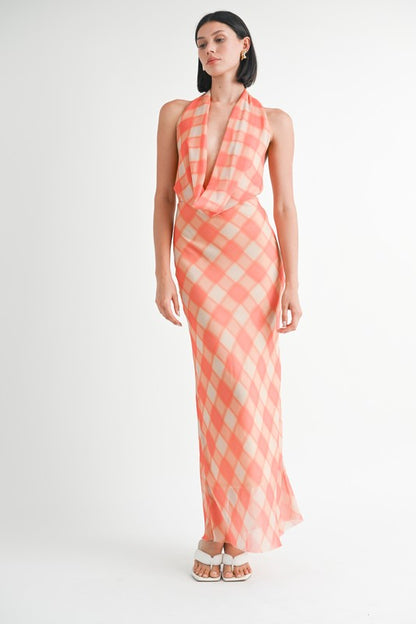 Rachelle Plaid Plunge Cowl Neck Open Back Woven Maxi Dress