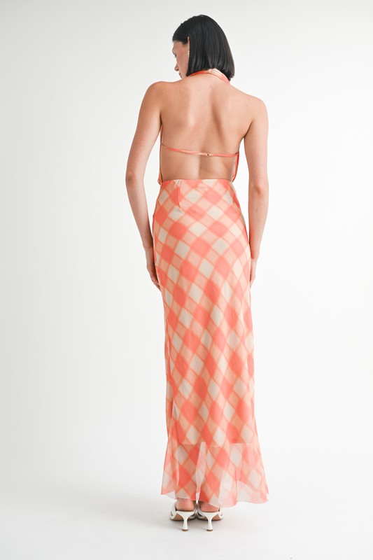 Rachelle Plaid Plunge Cowl Neck Open Back Woven Maxi Dress