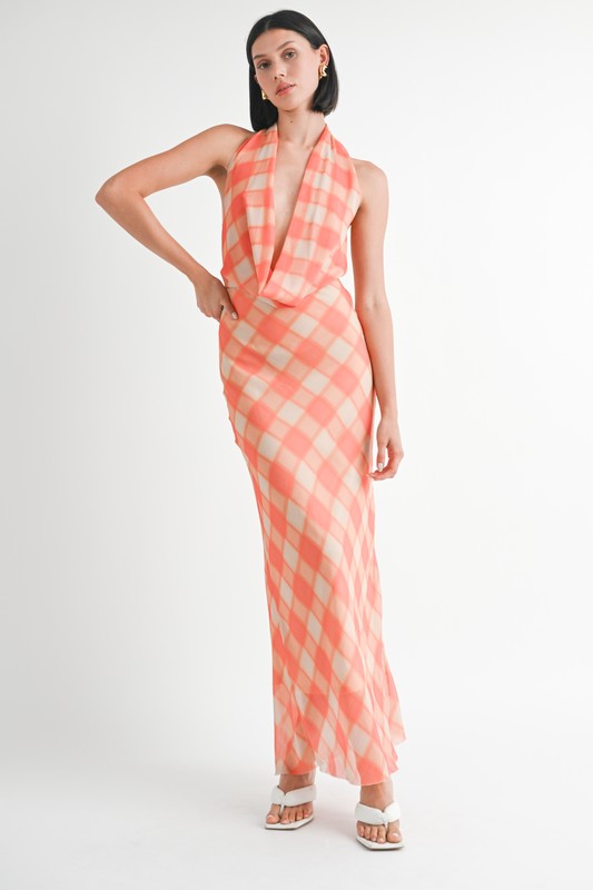 Rachelle Plaid Plunge Cowl Neck Open Back Woven Maxi Dress