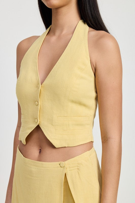 Angela Halter Neck Button Down Vest Crop Top