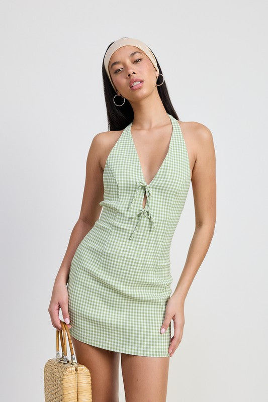 Charlize Bow Detail Gingham Print Open Back Halter Mini Dress