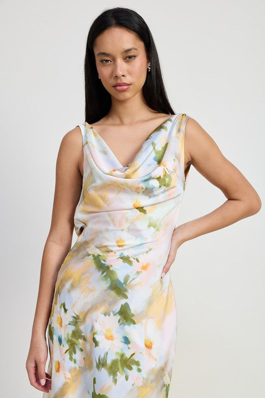 Paloma Cowl Neck Floral Print Satin Midi Dress