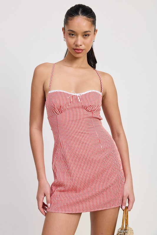 Lana Gingham Print Lace Up Back Mini Dress