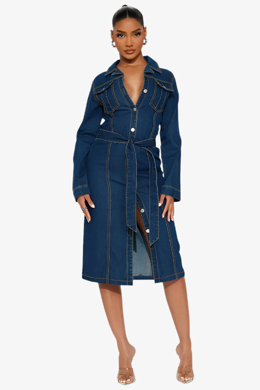 Naomi Long Sleeve Belted Denim Maxi Dress