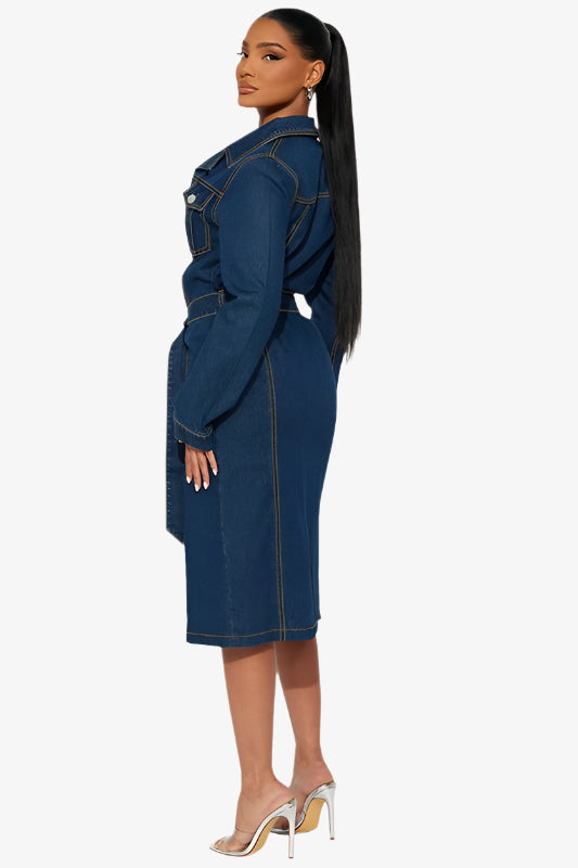 Naomi Long Sleeve Belted Denim Maxi Dress