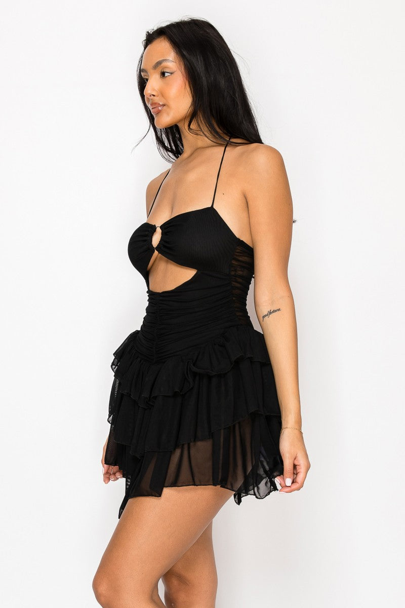 Destinee O Ring Cutout Halter Neck Ruffle Mesh Mini Dress