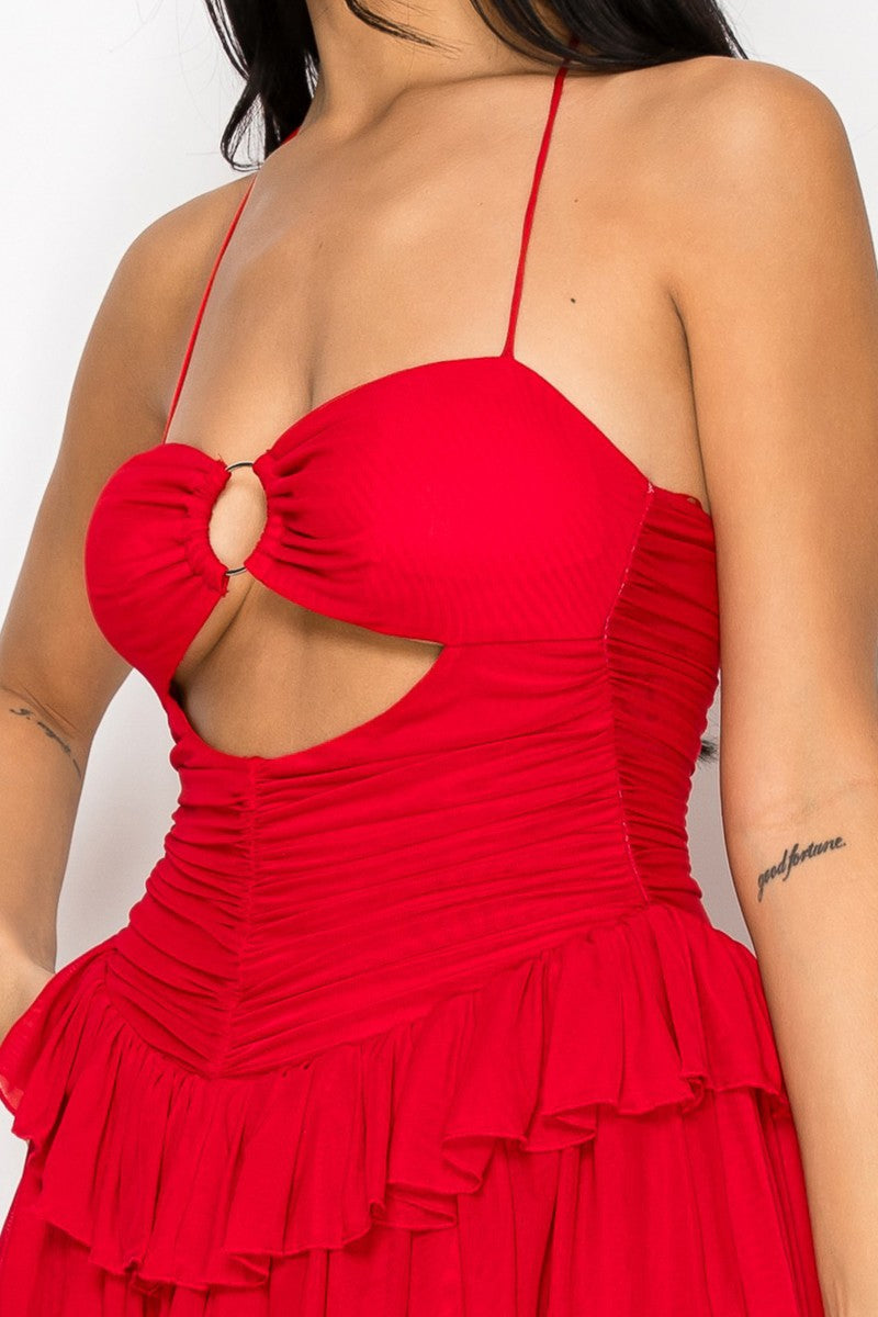 Destinee O Ring Cutout Halter Neck Ruffle Mesh Mini Dress