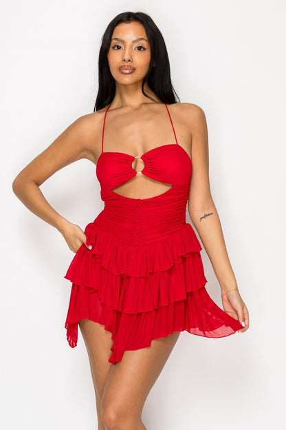 Destinee O Ring Cutout Halter Neck Ruffle Mesh Mini Dress