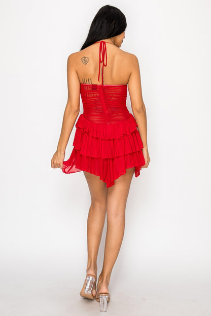 Destinee O Ring Cutout Halter Neck Ruffle Mesh Mini Dress