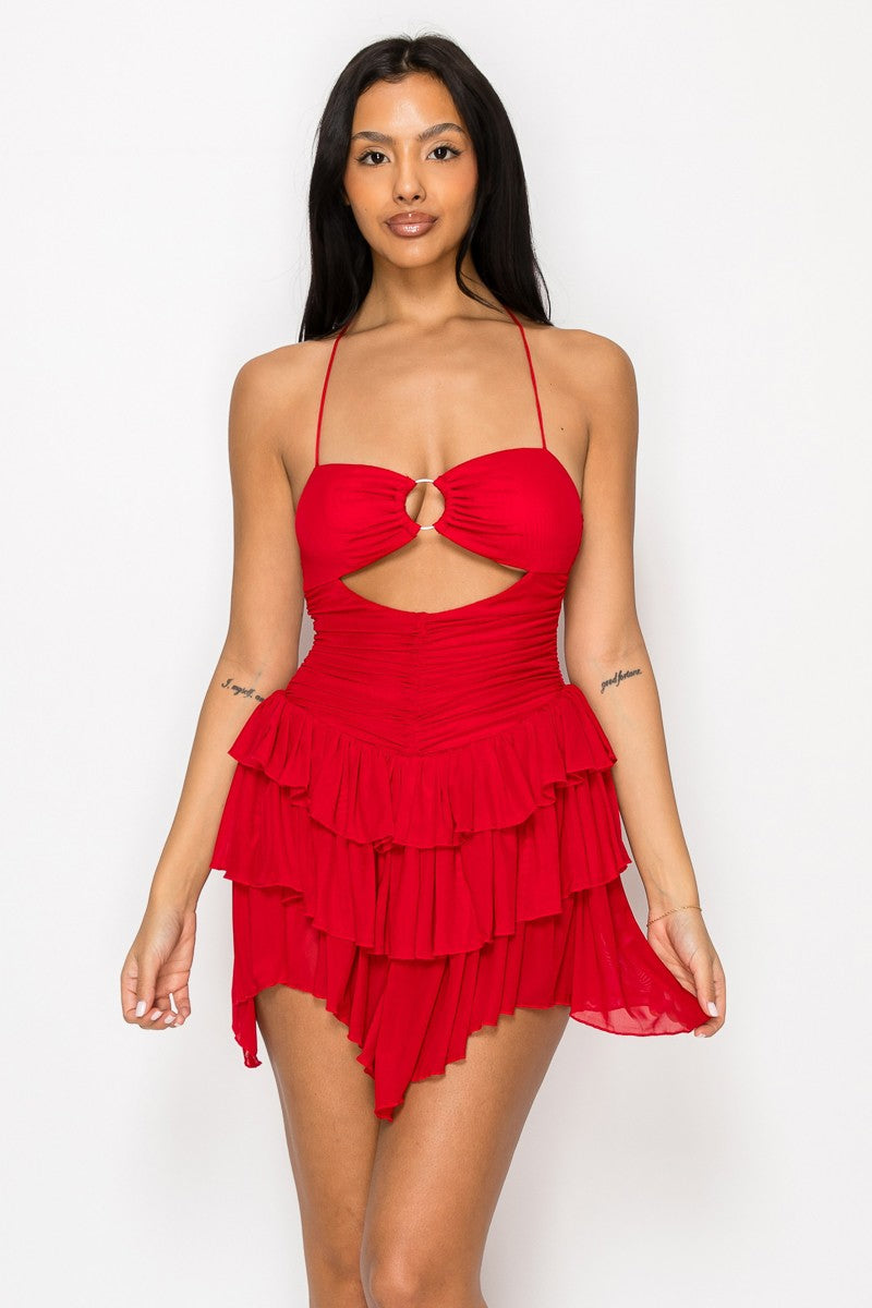 Destinee O Ring Cutout Halter Neck Ruffle Mesh Mini Dress