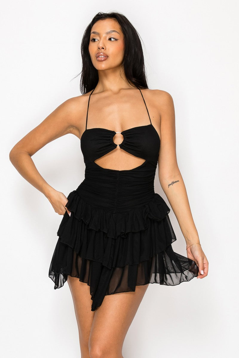 Destinee O Ring Cutout Halter Neck Ruffle Mesh Mini Dress