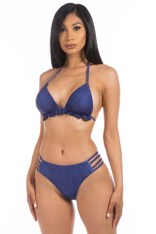 Brittney Ruffle Hem Denim Two Piece Triangle Bikini Set