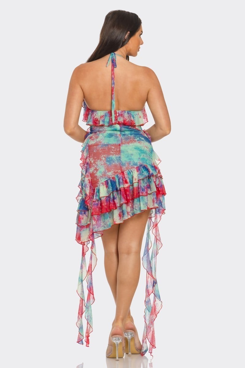 Paola Plunge Neck Printed Mesh Ruffle Frill Hem Dress