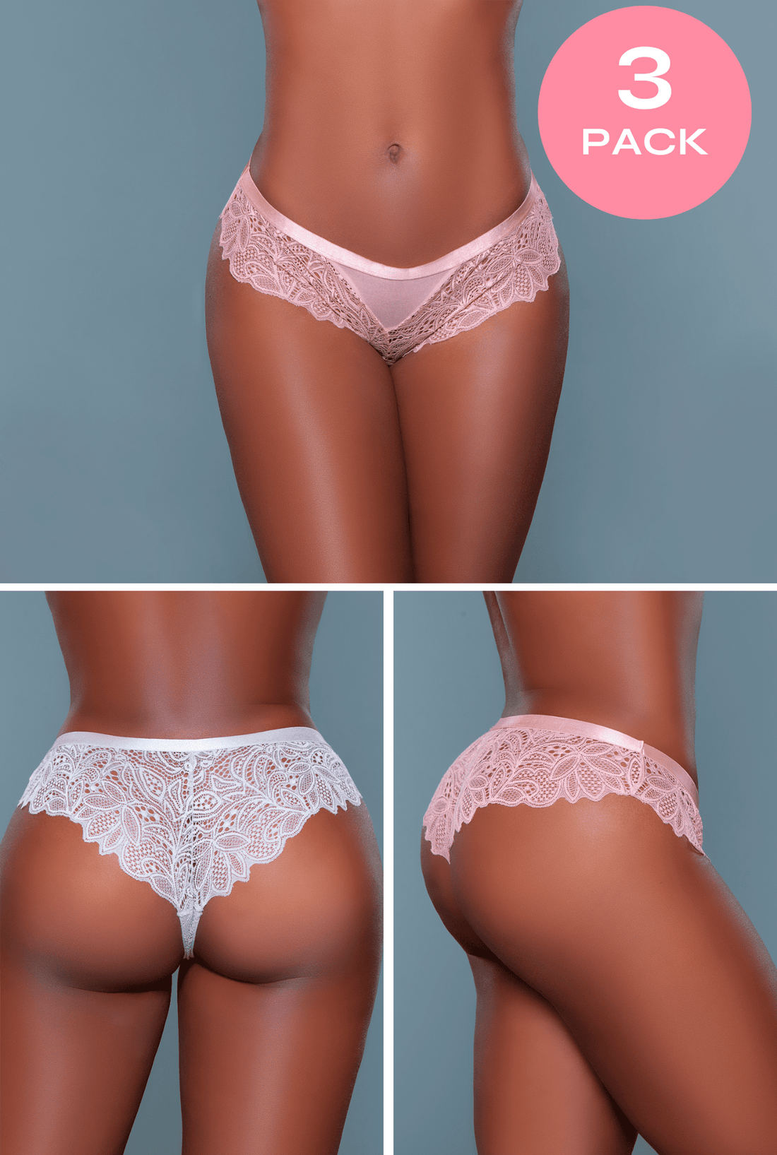 3 - Pack Soft Satin Cheeky Lace Panties - ShopRbls