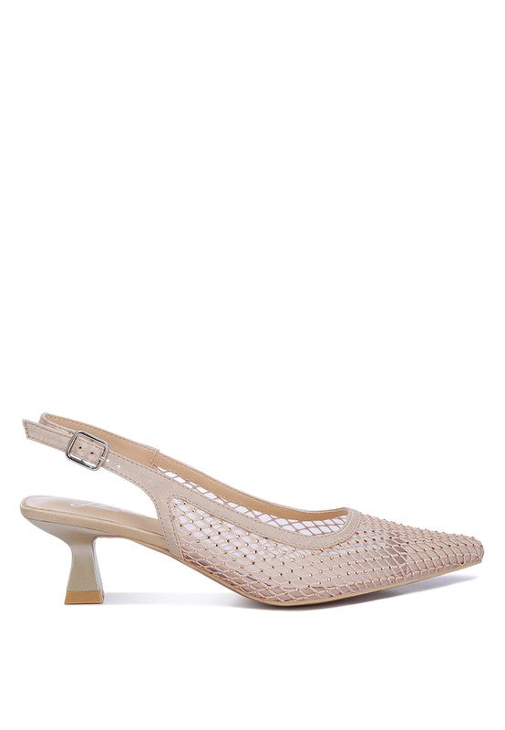 Sienna Rhinestone Mesh Low Heel Slingback Mules