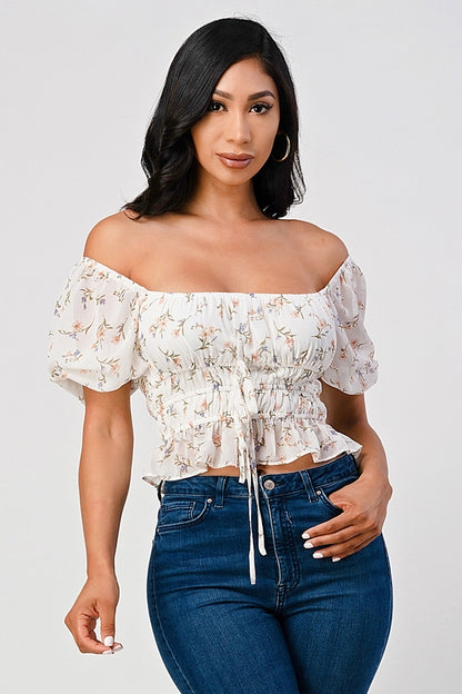 Judie Floral Print Puff Sleeve Mesh Smocked Top