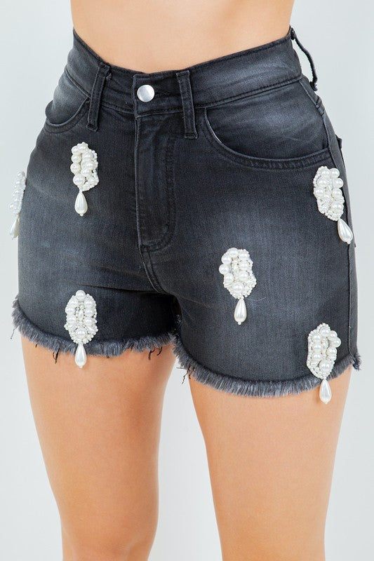 Georgia Faux Pearls Beaded High Rise Denim Shorts