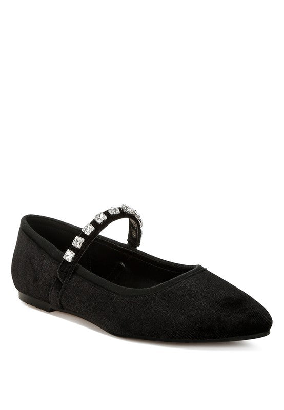 Aralia Rhinestones Detail Velvet Mary Jane Ballerina Flats