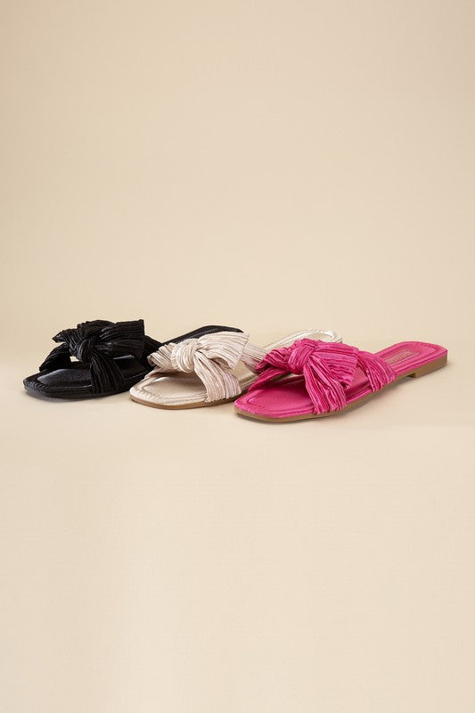 Très Chic Bow Decor Crinkle Satin Flat Sandals