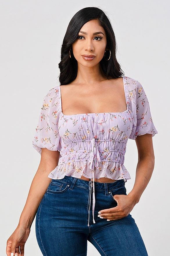 Judie Floral Print Puff Sleeve Mesh Smocked Top