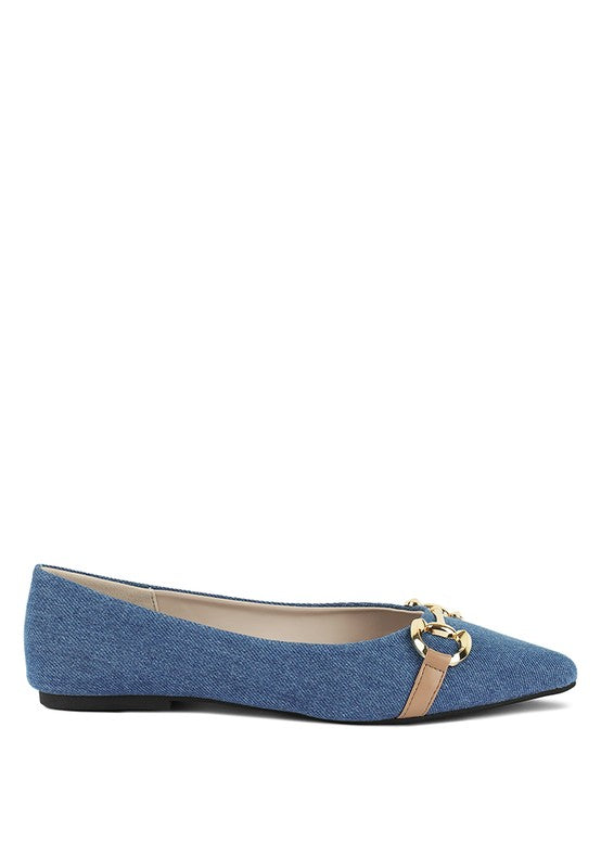 Cressida Gold Horsebit Detail Denim Ballet Flats