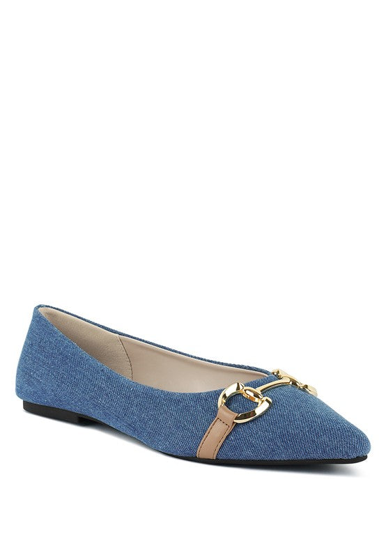 Cressida Gold Horsebit Detail Denim Ballet Flats