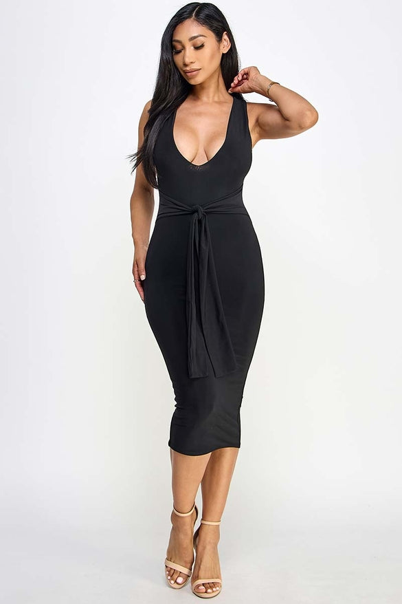 Natasha Deep V Neck Front Tie Bodycon Midi Dress