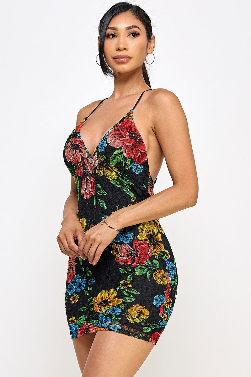 Carla Floral Lace Mesh Overlay Deep V Mini Dress