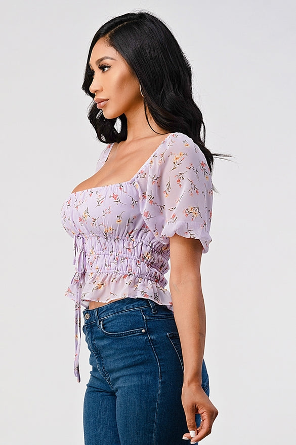 Judie Floral Print Puff Sleeve Mesh Smocked Top