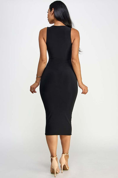 Natasha Deep V Neck Front Tie Bodycon Midi Dress