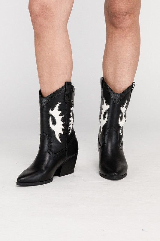 Gia Contrast Detail Western Mid Calf Cowboy Boots