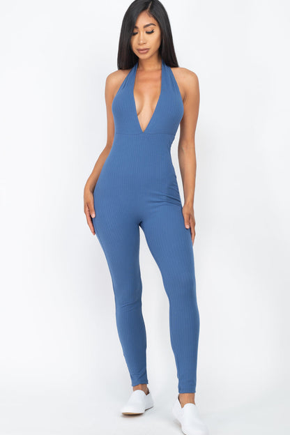 Casual Basics Deep V Halter Neck Bodycon Jumpsuit