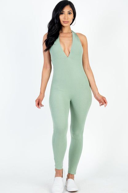 Casual Basics Deep V Halter Neck Bodycon Jumpsuit