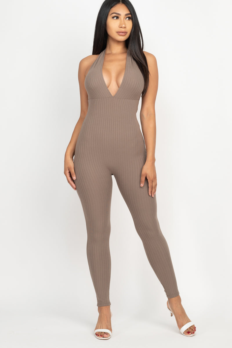 Casual Basics Deep V Halter Neck Bodycon Jumpsuit