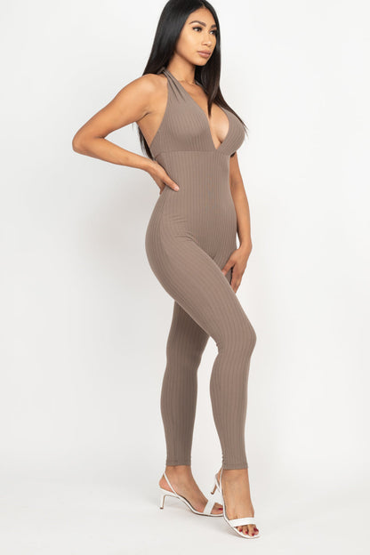 Casual Basics Deep V Halter Neck Bodycon Jumpsuit